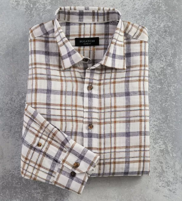 Bugatchi Plaid Linen Long Sleeve Shirt- Long Sleeve Sport Shirts