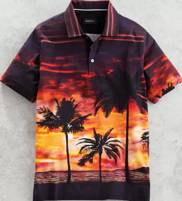 Bugatchi Sunset Palms Short Sleeve Polo Shirt- Polos & Knits