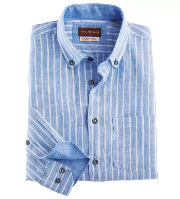 Patrick James Long Sleeve Linen Stripe Shirt- Long Sleeve Sport Shirts