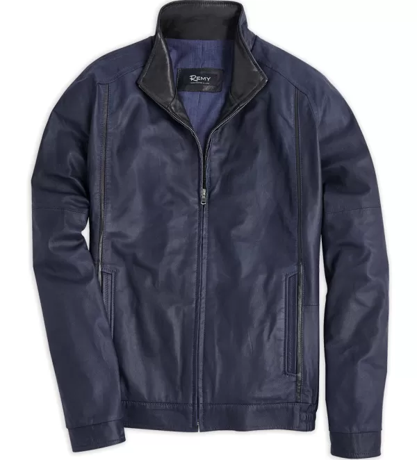 Remy Leather Blouson Jacket - Navy- Leather & Suede